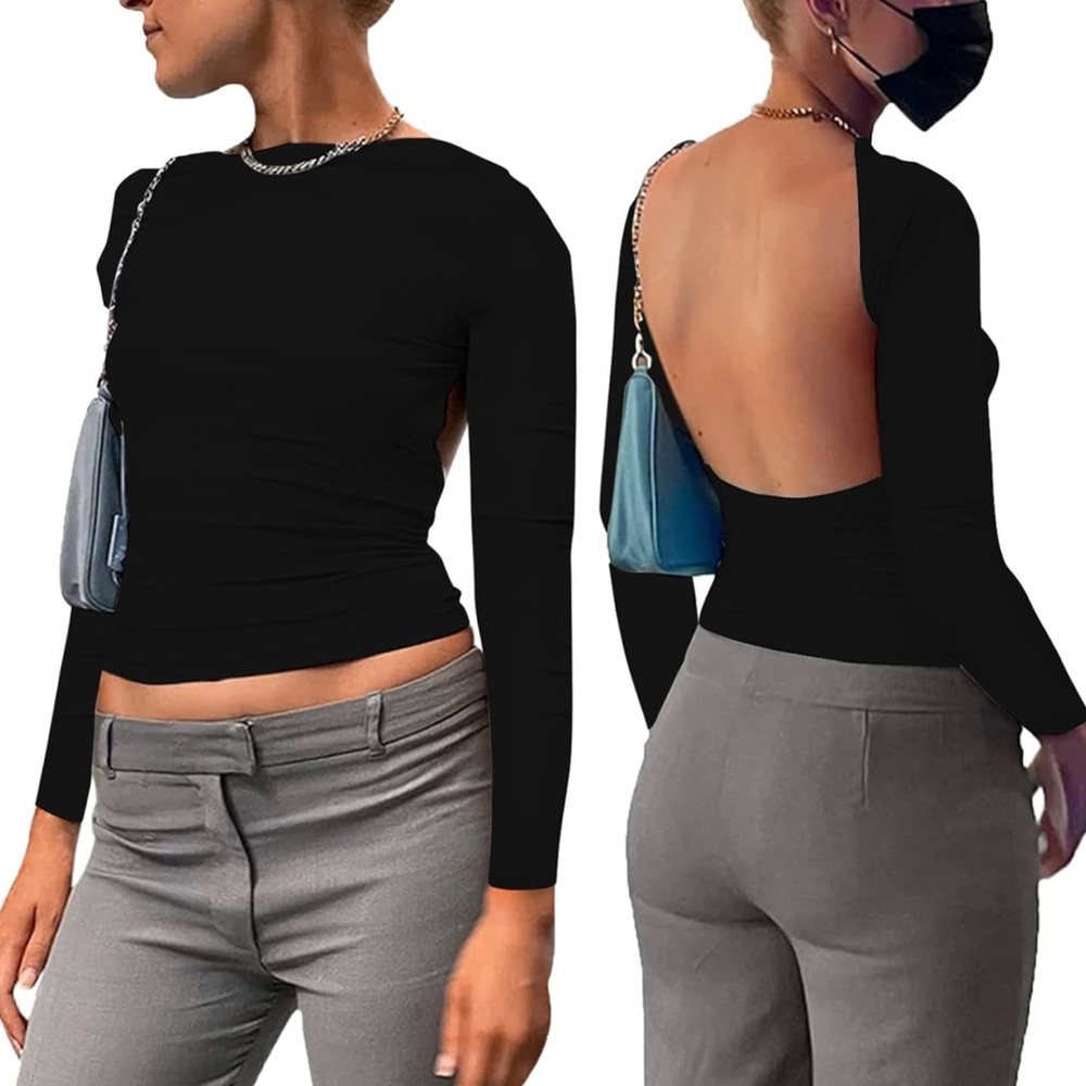 Long Sleeve Crop Top Casual Y2K Cami Slim Fitted Backless Sweetheart Neck Tee